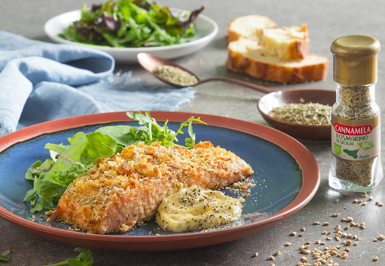 Crusted salmon with organic Sicilian rosemary and ginger-flavoured mayonnaise - Ricetta - Cannamela