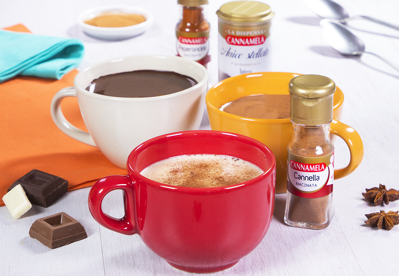 3 ideas for hot chocolate: white chocolate with cinnamon, milk chocolate with star anise, dark choco